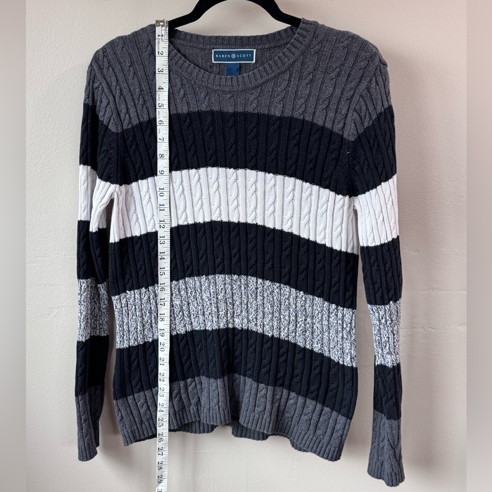 Karen Scott Black White Gray Color Block Chunky Knit Cotton Sweater